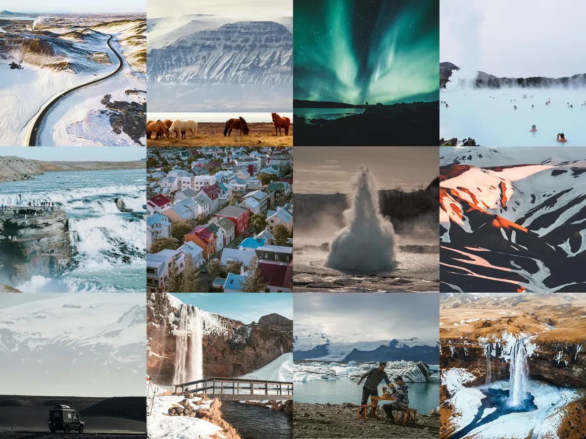 Collage of Iceland's diverse beauty: Northern Lights, geysers, waterfalls, hot springs, glaciers, Icelandic horses, basalt columns, and towns.