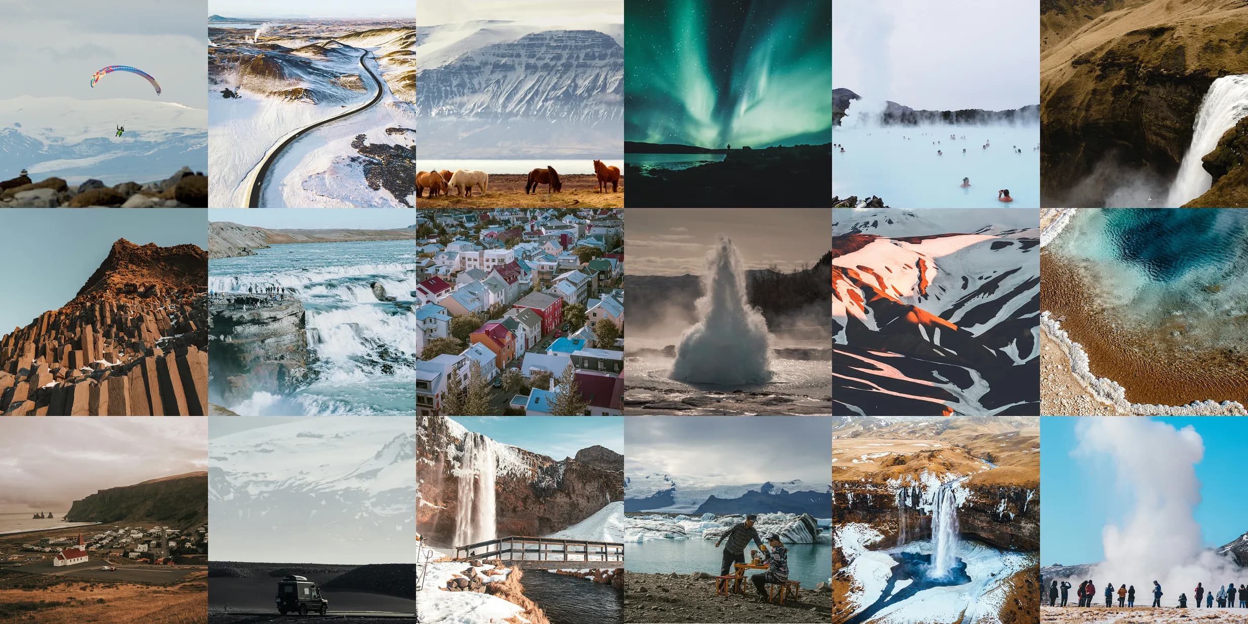 Collage of Iceland's diverse beauty: Northern Lights, geysers, waterfalls, hot springs, glaciers, Icelandic horses, basalt columns, and towns.