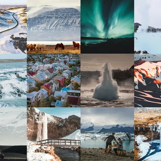 Collage of Iceland's diverse beauty: Northern Lights, geysers, waterfalls, hot springs, glaciers, Icelandic horses, basalt columns, and towns.