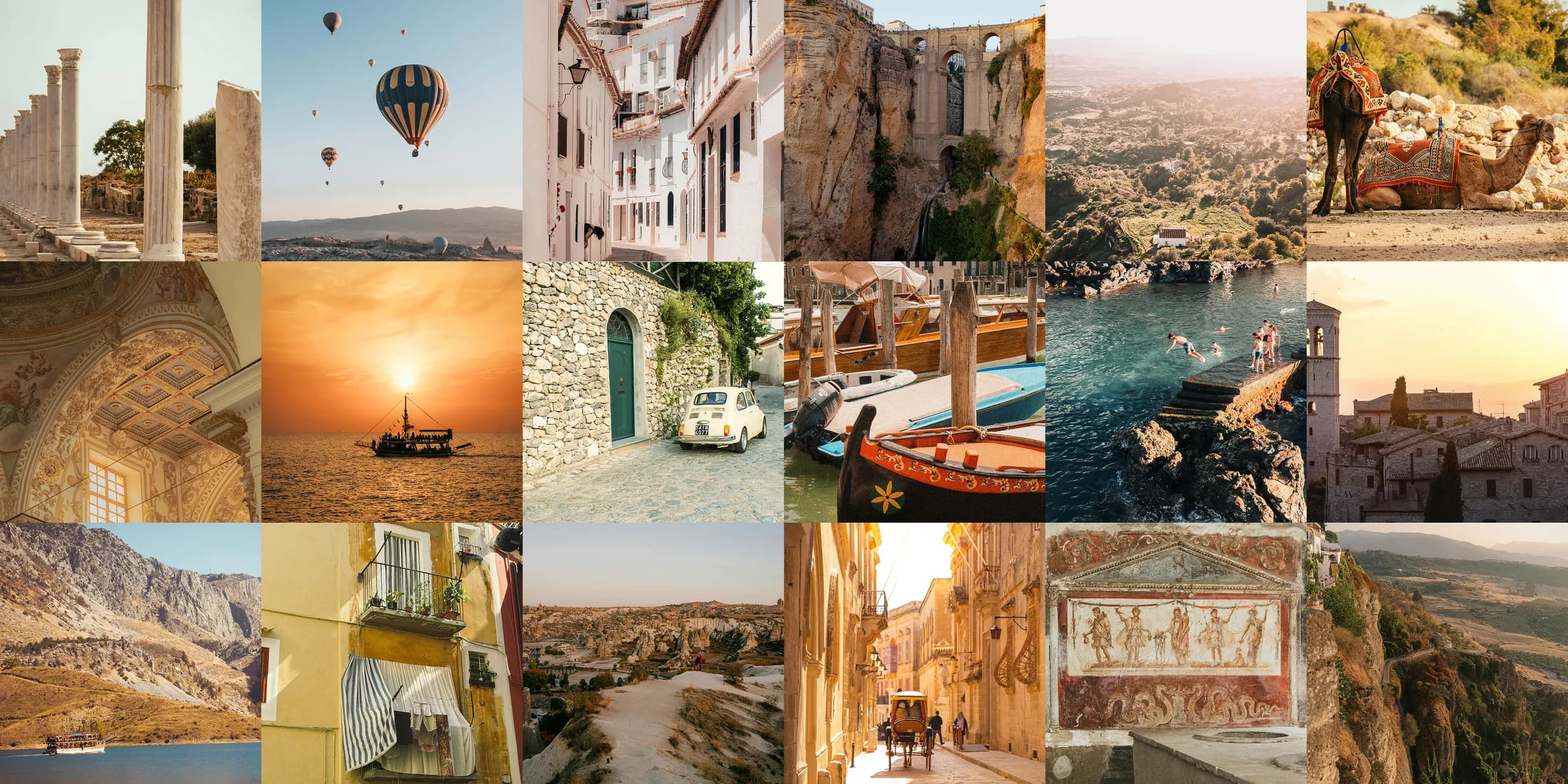 A collage of travel scenes: ancient ruins, hot air balloons, coastal views, medieval streets, vibrant markets, and scenic landscapes at sunset.