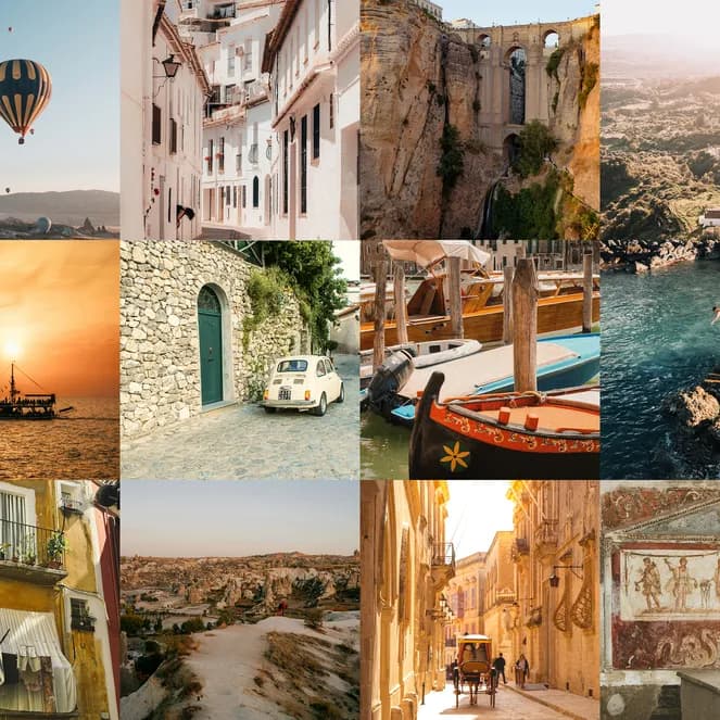 A collage of travel scenes: ancient ruins, hot air balloons, coastal views, medieval streets, vibrant markets, and scenic landscapes at sunset.
