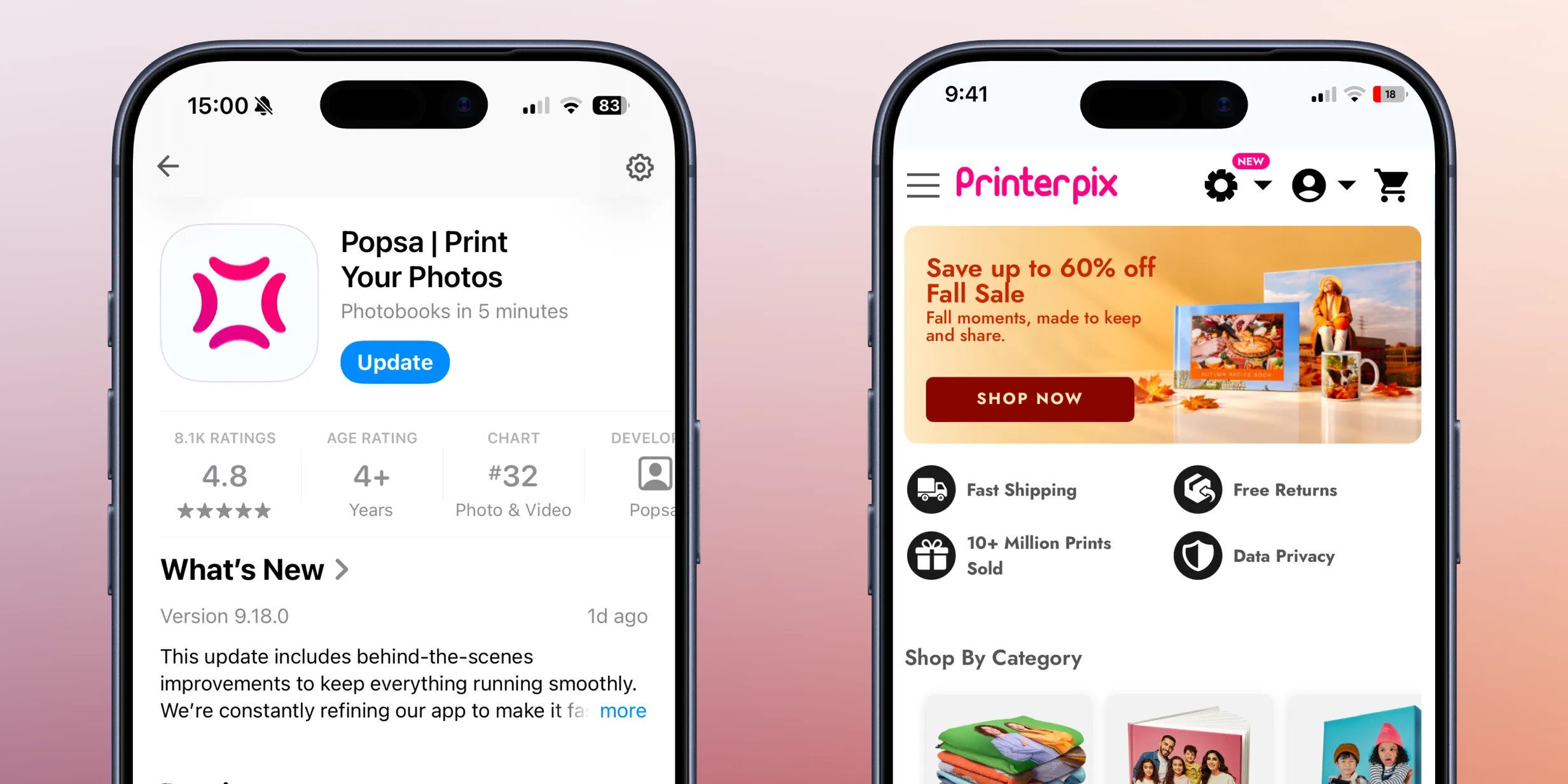 Two smartphones displaying photo printing apps. The left shows the Popsa app store page, the right shows the Printerpix homepage with a fall sale.