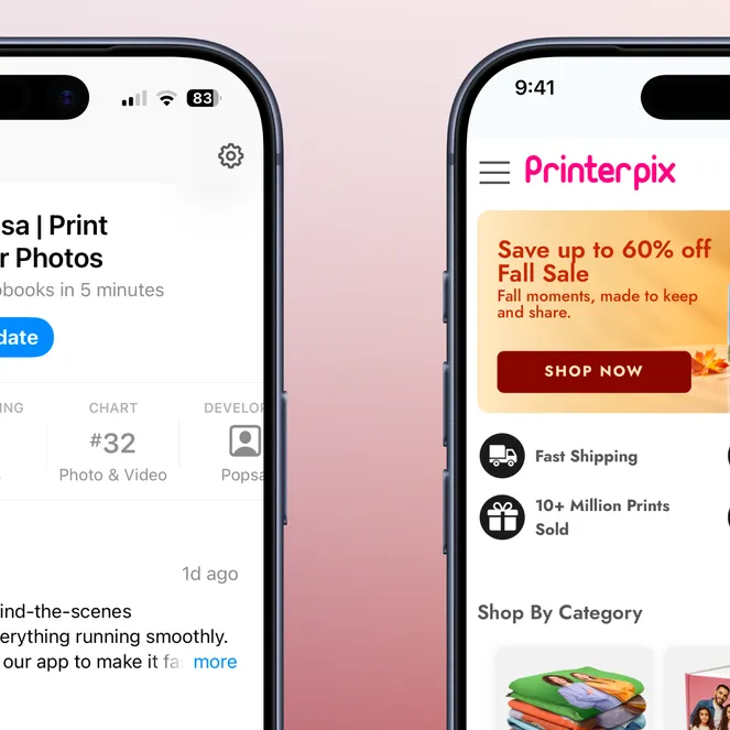 Two smartphones displaying photo printing apps. The left shows the Popsa app store page, the right shows the Printerpix homepage with a fall sale.
