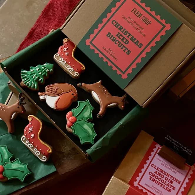 Holiday-themed iced biscuits, including reindeer, robins, holly, and Christmas trees, arranged in an open box with festive packaging.