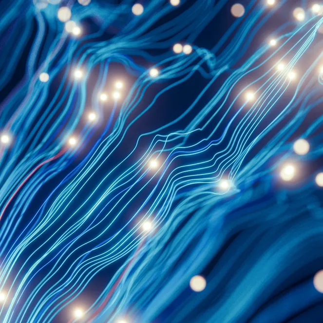 Abstract blue wavy lines resembling data cables or neural pathways, interspersed with bright glowing dots on a dark background.