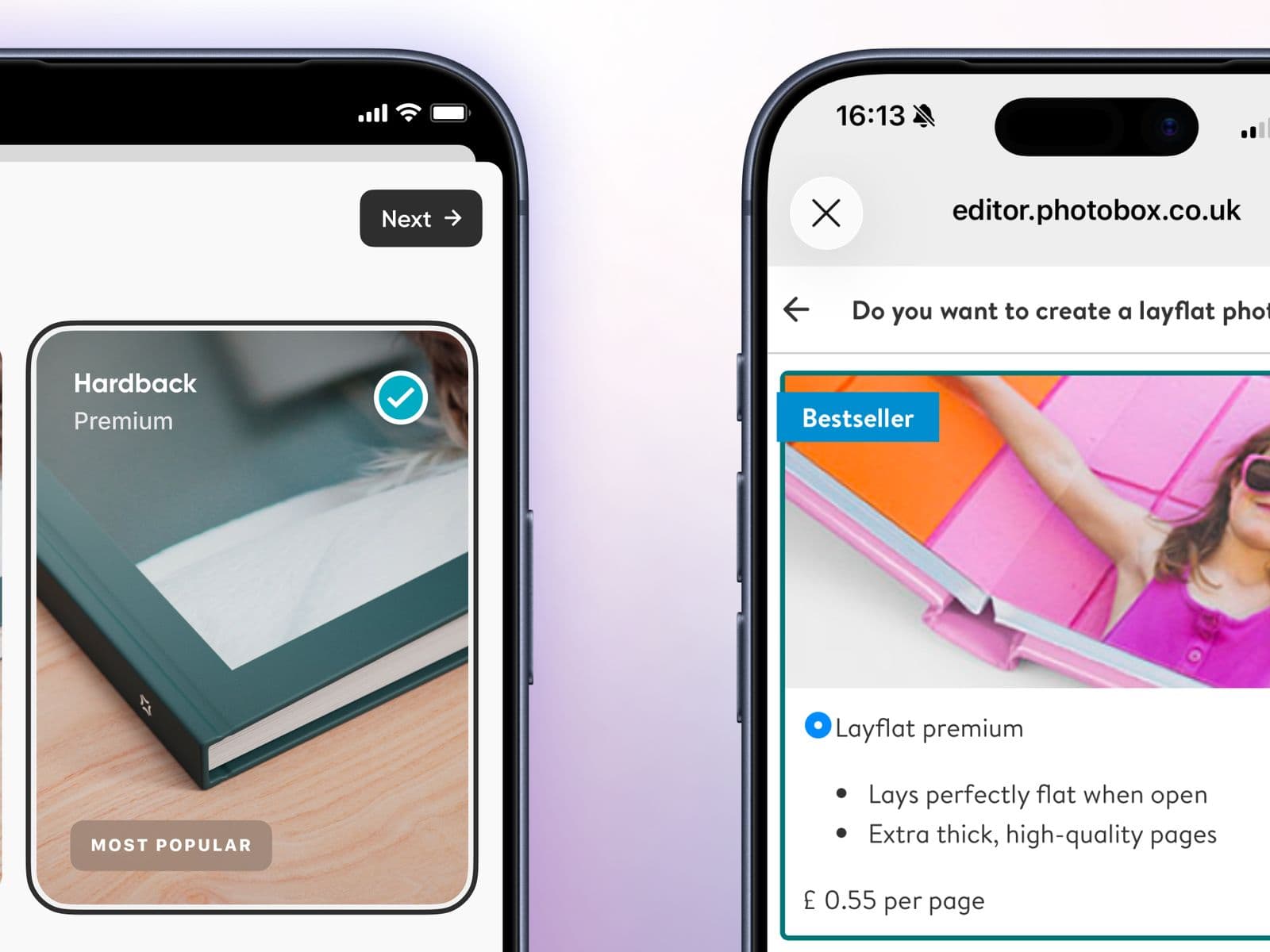 Two iPhones showing the photo book creation experience on the Popsa and Photobox apps