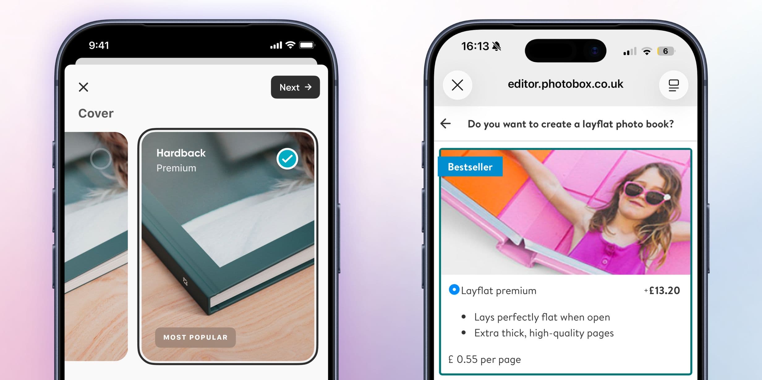 Two iPhones showing the photo book creation experience on the Popsa and Photobox apps
