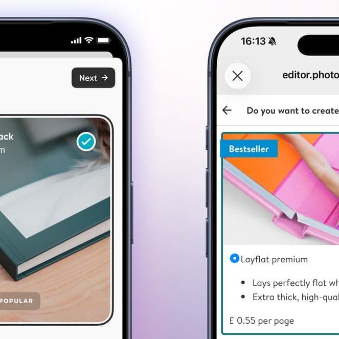 Two iPhones showing the photo book creation experience on the Popsa and Photobox apps