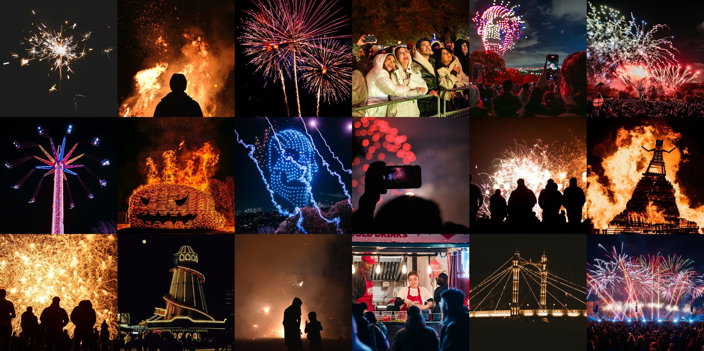 Collage of fireworks, people enjoying the spectacle, a bonfire, and a food stall at a night festival, showcasing vibrant colors and excitement.