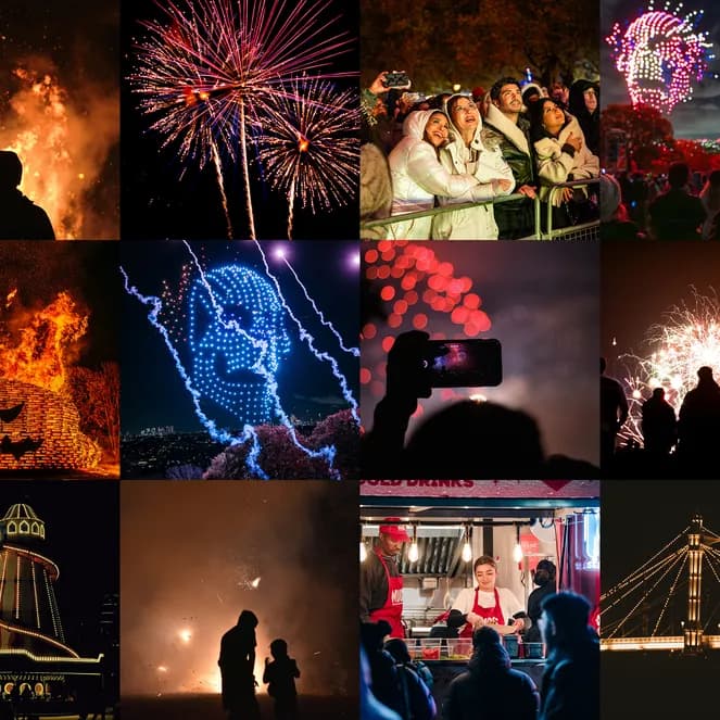 Collage of fireworks, people enjoying the spectacle, a bonfire, and a food stall at a night festival, showcasing vibrant colors and excitement.