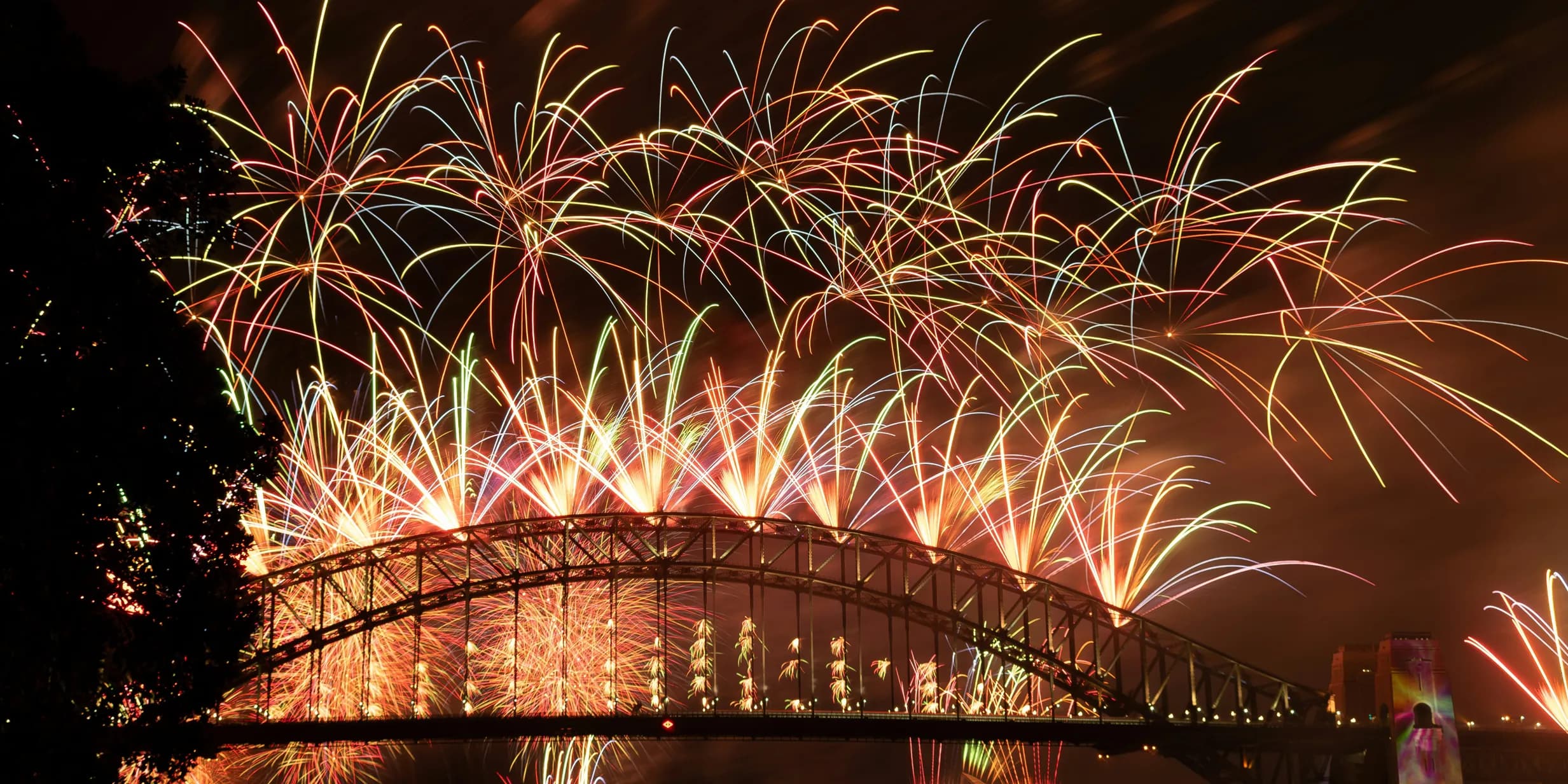 Colorful fireworks light up the night sky over a large, arched bridge silhouetted against glowing bursts.