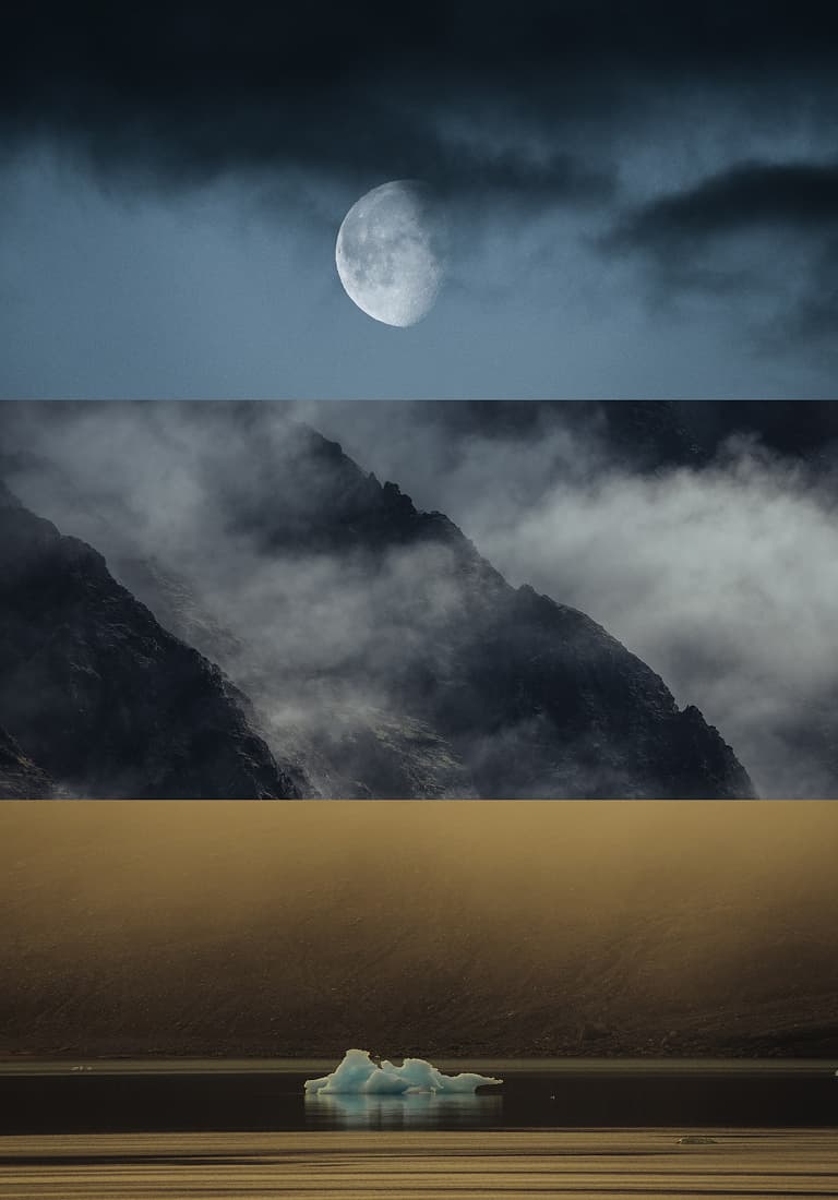 The moon, mountains and ice on a lake