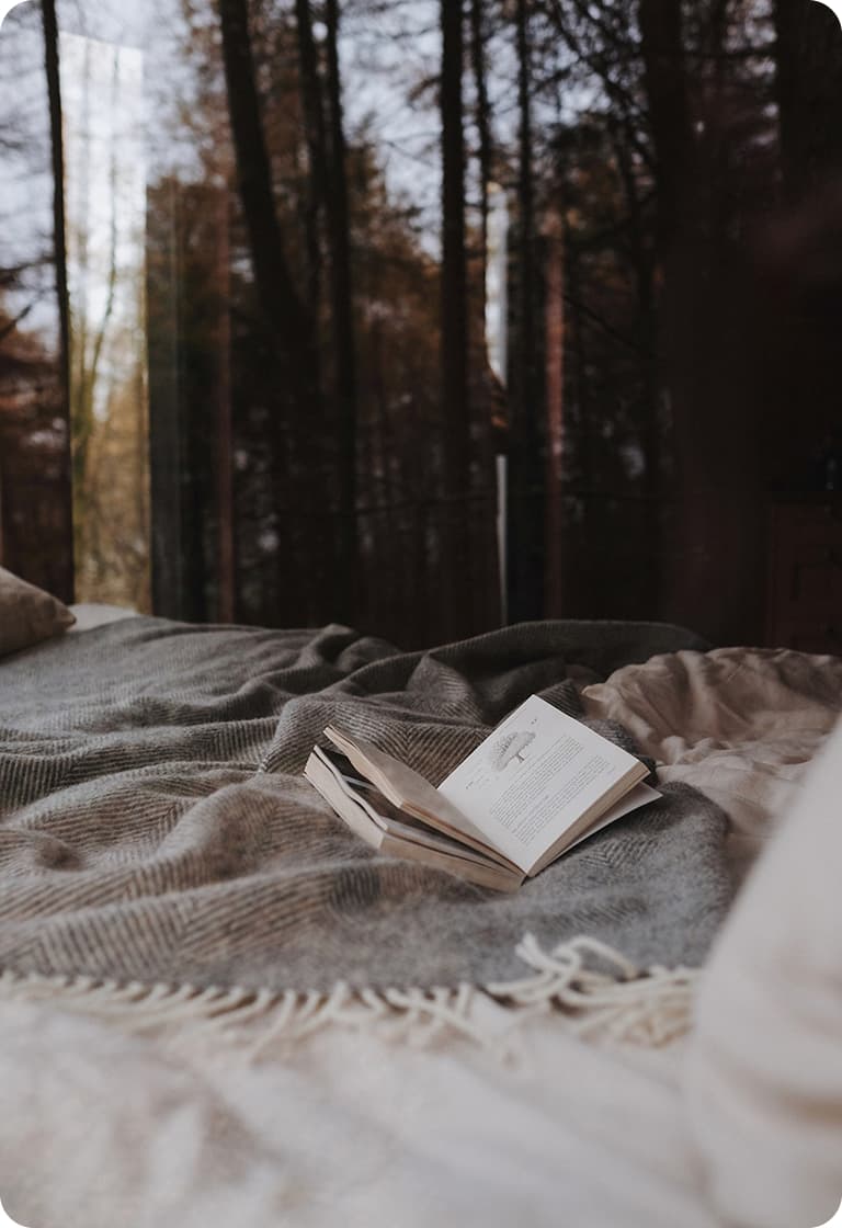 Open book lying on a rumpled gray blanket on a bed beside a large window overlooking tall trees.