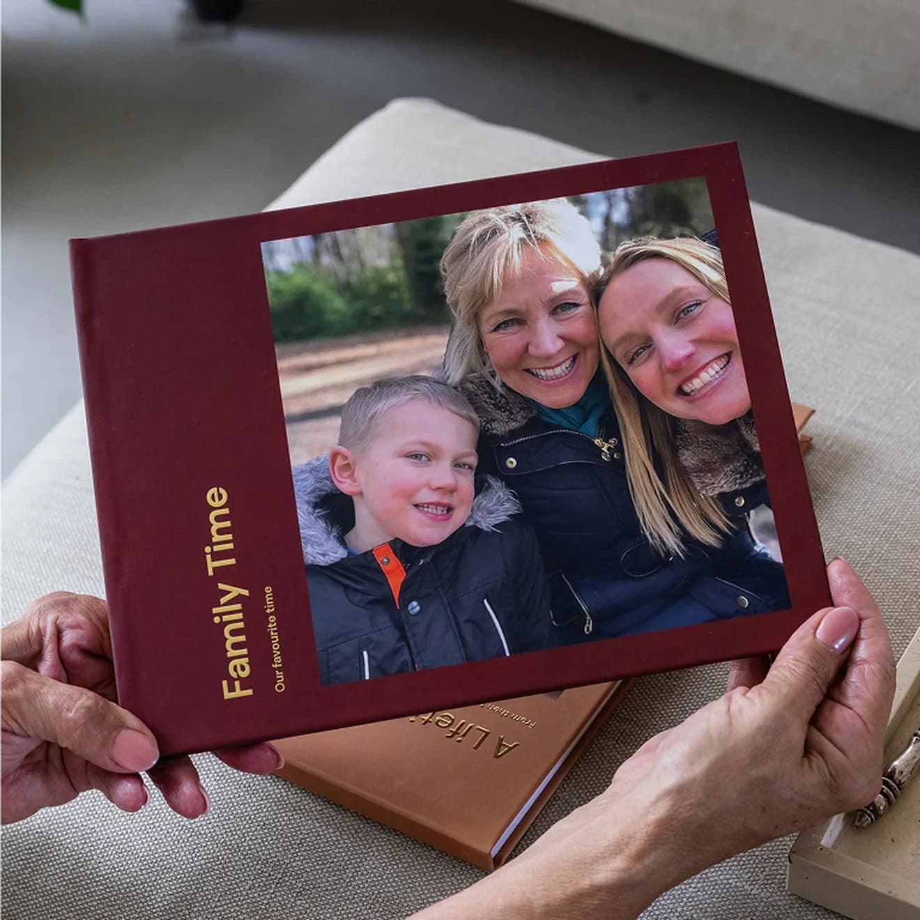 Hardcover photo book titled Family Time, with a family photo on the cover