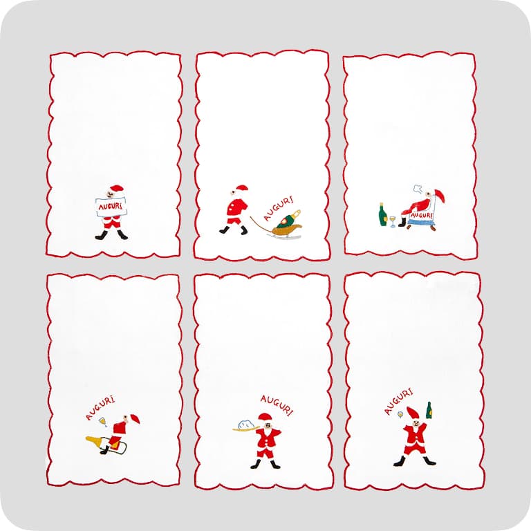 Six white napkins with red scalloped edges, each featuring a festive Santa design and the word "Auguri" in red.