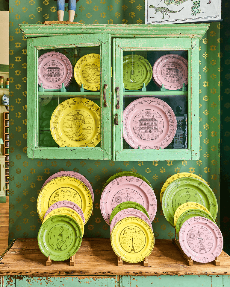 Yellow, green and pink hand-painted plates at Marin Montagut