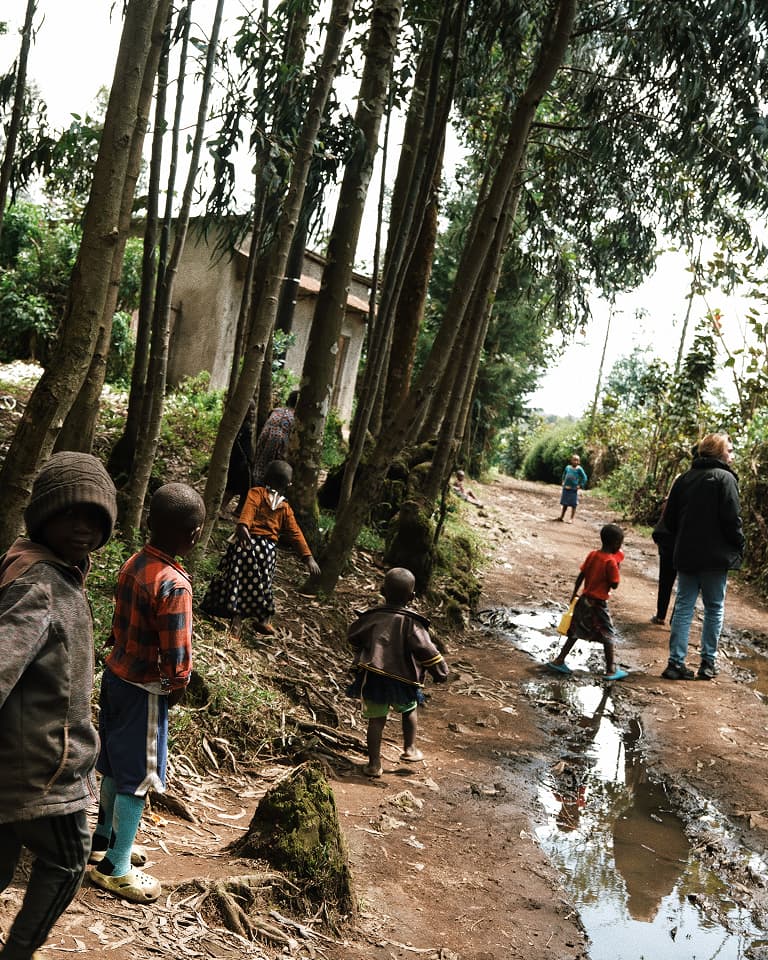 Children walking with an adult along a rural path, lined with tall trees, near a puddle. One child leads the way in the distance.