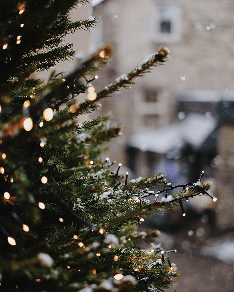 Close-up of a snow-dusted Christmas tree decorated with glowing lights, set against a blurred background of a snowy building and falling snowflakes.
