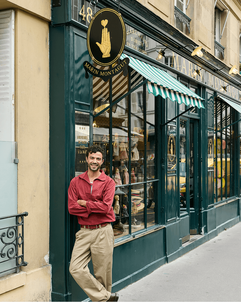 Marin Montagut outside his shop in Paris