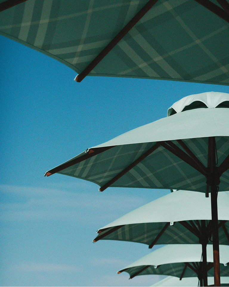 Green umbrellas seen from below, positioned against a bright blue sky, creating a diagonal pattern.