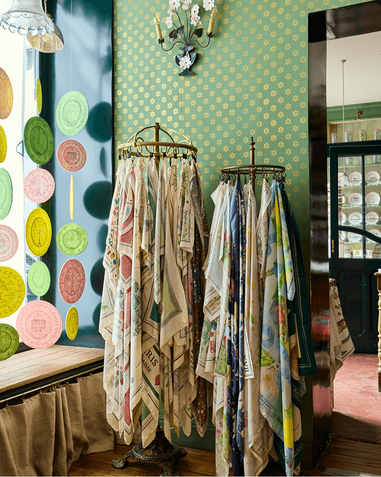 Silk scarves decorate a corner at Marin Montagut