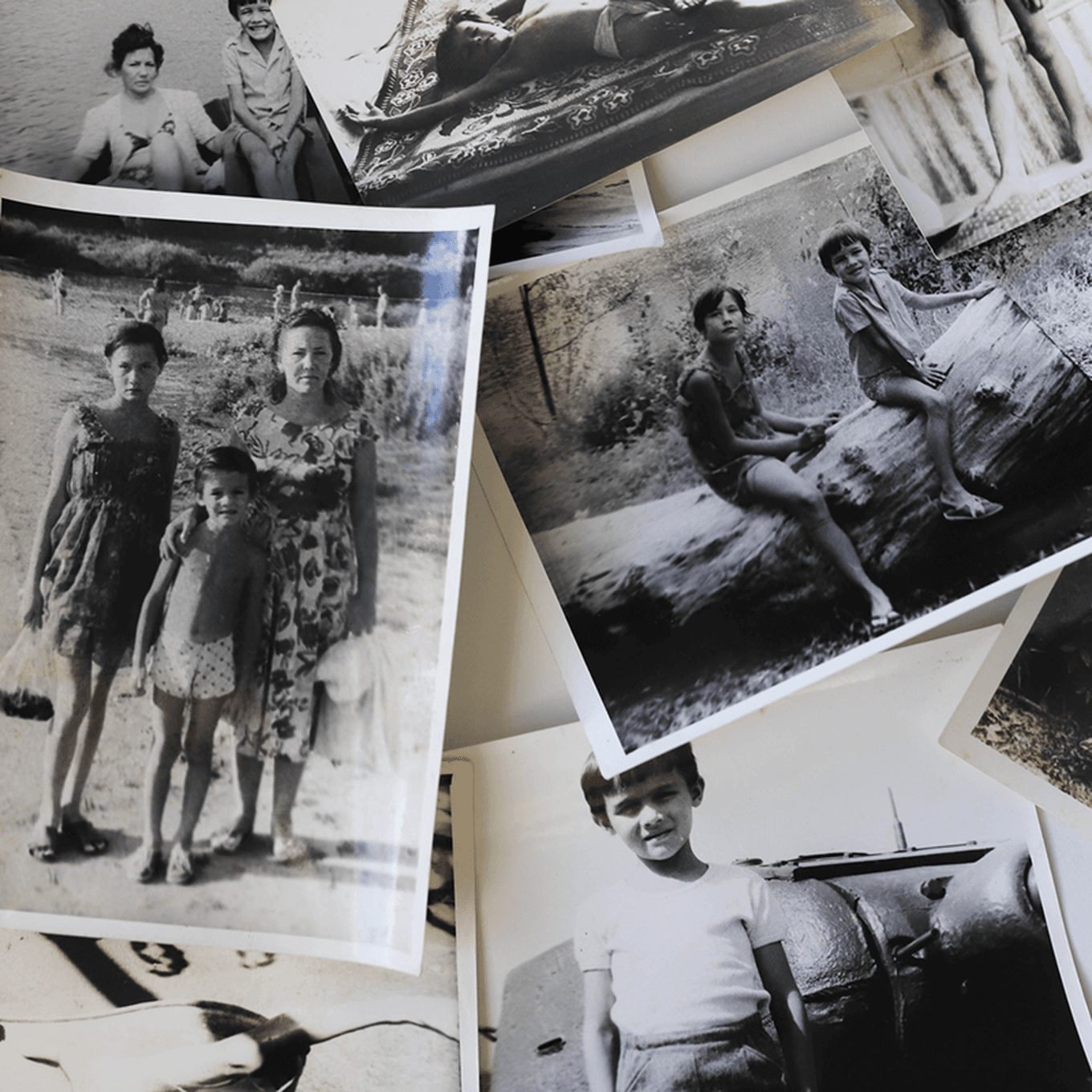 A collection of vintage black and white photos showing people in various outdoor settings, including a family and children posing.